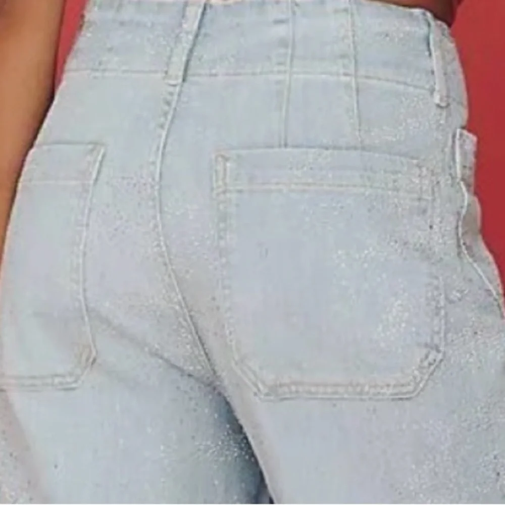 Anthropologie Light Blue Wide-Leg Full length Rhinestone Jean. Check video